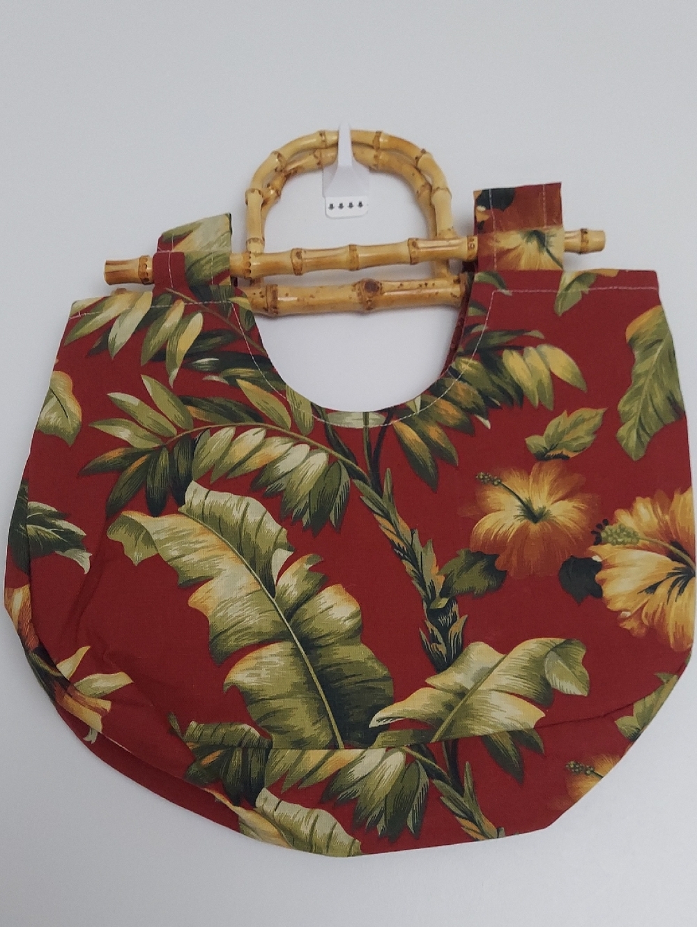 Tropical Red Floral Bamboo Handle Tote Bag